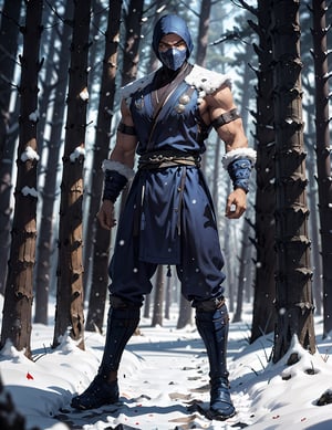 zbzr,man, ninja, blue robes, loin cloth, looking at viewer, full body shot, outside, snow, snowing, trees, night, extreme detail, masterpiece,  