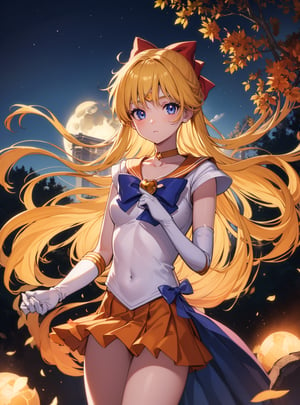 sailorvenus, lora:sailorvenus-lora-nochekaiser:1,sailor venus, blonde hair, blue eyes, bow, hair bow, half updo, long hair, red bow, tiara,BREAK back bow, choker, elbow gloves, gloves, jewelry, magical girl, orange choker, orange sailor collar, orange skirt, sailor collar, sailor senshi uniform, school uniform, serafuku, skirt, white gloves,BREAK outdoors, night, sky, star \(sky\), moon,BREAK looking at viewer, (cowboy shot:1.5),BREAK lyco:GoodHands-beta2:1, (masterpiece:1.2), best quality, high resolution, unity 8k wallpaper, (illustration:0.8), (beautiful detailed eyes:1.6), extremely detailed face, perfect lighting, extremely detailed CG, (perfect hands, perfect anatomy),