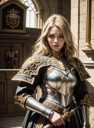 realistic, ((1 young and beautiful girl:1.2)), absurdres, (8k, best quality, masterpiece:1.2), professional photograph, dramatic light, (finely detailed face:1.2), female knight wearing a full suit of filigree silver armor, holding a shield (family crest, intricate design) in one hand, holding sword of gold in other hand, full body shot, castle interior background, light blonde hair, 