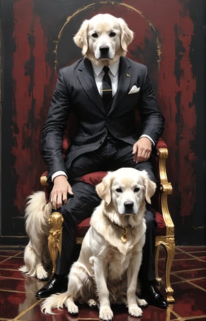 white golden retriever mafia boss wearing black suit with grey stripes. sitting in a dark room with dark red walls, gold rings, 


