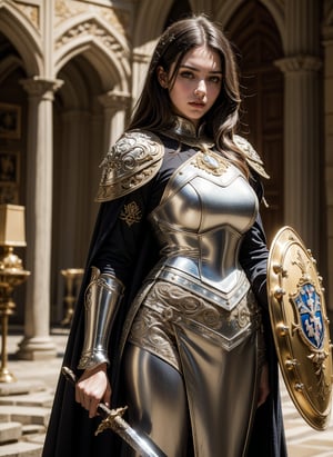 realistic, ((1 young and beautiful girl:1.2)), absurdres, (8k, best quality, masterpiece:1.2), professional photograph, dramatic light, (finely detailed face:1.2), female knight wearing a full suit of filigree silver armor, holding a shield (family crest, intricate design) in one hand, holding sword of gold in other hand, full body shot, castle interior background