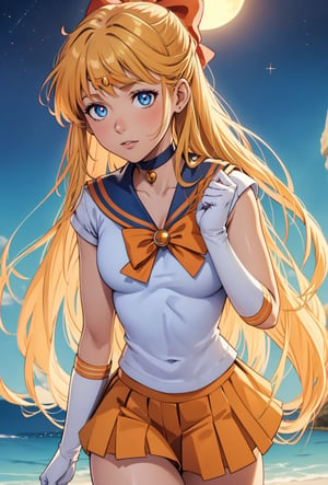 sailorvenus, lora:sailorvenus-lora-nochekaiser:1,sailor venus, blonde hair, blue eyes, bow, hair bow, half updo, long hair, red bow, tiara,BREAK back bow, choker, elbow gloves, gloves, jewelry, magical girl, orange choker, orange sailor collar, orange skirt, sailor collar, sailor senshi uniform, school uniform, serafuku, skirt, white gloves,BREAK outdoors, night, sky, star \(sky\), moon,BREAK looking at viewer, (cowboy shot:1.5),BREAK lyco:GoodHands-beta2:1, (masterpiece:1.2), best quality, high resolution, unity 8k wallpaper, (illustration:0.8), (beautiful detailed eyes:1.6), extremely detailed face, perfect lighting, extremely detailed CG, (perfect hands, perfect anatomy),