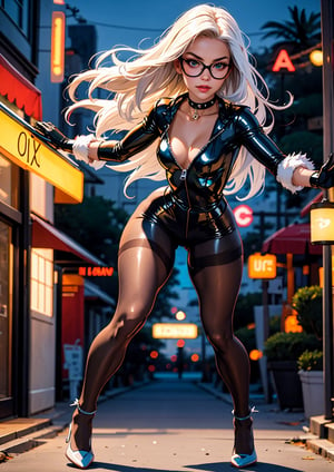 (full body:1.4), photo of a lady, CARTOON_felicia_blackcat_ownwaifu, (solo focus:1.4),  (look at viewer:1.2), long hair,white hair, domino mask, 
black choker, collarbone, cleavage,  
spiked collar,  black latex, shiny, bodysuit, white gloves, claws,  fur trim, unzipped, zipper, jewelry, center opening,
(curvy:1.4), (small breast:1.34), (narrow-waist:1.24), long legs, sheer tan color (pantyhose:1.4), (gladiater-heel:1.3),
(incoming attack pose :1.4), 
(Haulover Beach (USA Florida):1.2),
(soft light, narrow depth of field, sharp focus, realistic, best composition, best quality, bokeh:1.4), lora:CARTOON_felicia_blackcat_ownwaifu-15:0.5,
,felicia_blackcat_aiwaifu