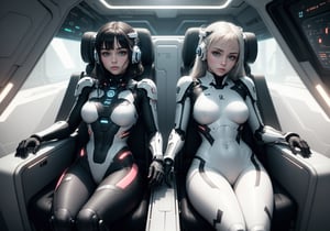 a photo of pair of (cute slender beautiful european young:1.0) girls sitting in a seat (chair) in the spaceship, wearing white cybersuit, glossy reflections, leaning back, hologram, panoramic view on night space city, (symmetry), arms on armrest, scifi, science fiction, shot from above, film grain, (highly detailed:1.1), rfktr_technotrex, lora:rfktrsTechnotrexV10_rfktrsTechnotrexV10:0.15, lora:futuristic_interior_composer:0.1, lora:futuristic_interior_refiner:0.1, lyco:Robotaction:0.4, sharp focus, best quality, masterpiece, photorealistic, neotech sleek, lora:NeoFuturisticTech-20:0.4, antitech, lora:AntimatterTech-20:0.2, cyberfusion, lora:cyberfusion_3Drender:0.2,
,rfktr_technotrex,futuristic_interior ,neotech,antitech,sleek