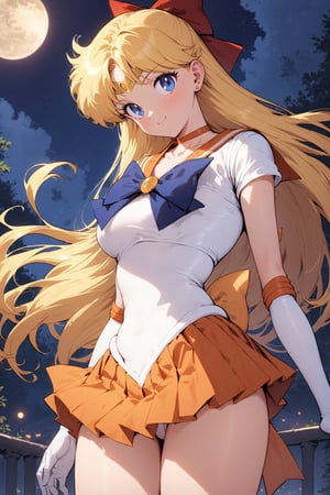 masterpiece, best quality, very aesthetic, absurdres, aavenus, long hair, blonde hair, hair bow, tiara, blue eyes, earrings, orange choker, collarbone, orange sailor collar, blue bowtie, white shirt, white leotard, elbow gloves, white gloves, pleated skirt, orange skirt,  , standing, cowboy shot, outdoors, smile, night, moon
