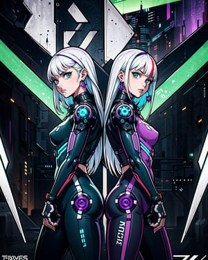 beautiful, linework, thick outlines, strong shadows, 
movie poster of (2girls, twin girls:1.1), long white multicolored hair, back-to-back, posing, confident, closeup shot, looking at viewer, standing, cyberpunk assassin outfit, techwear, advanced technology, dark dystopia, mechanical parts, neon, earrings, amethyst jewels, northern lights in background,