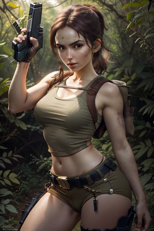 lora:Lara Croft:0.9, 1girl, woman, Lara, brown hair, short ponytail, cowboy shot, medium breasts, holster, jungle, facing viewer,   lora:NijiExpressV2:0.35, dynamic pose