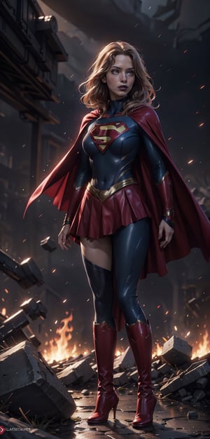 One super female,in superman outfit, mini skirts, red high boots, red_eyes, glowing eyes:1.4, blonde hair:1.3, extreme long hair, straight_hair, run down hair, supergirl suit, serious look, masterpiece, best quality, ultra detailed, (detailed background), perfect shading, high contrast, best illumination, extremely detailed, ray tracing, realistic lighting effects, neon noir illustration, perfect generated hands, ((full-body_portrait)), (black lipstick), black eyeliner, black eye shadow:1.3, pale skin:1.4, black fingernails, black cape, fur cape & long. Background fire-around, rocks, ruins, rain-fire, lightning in the distance.,wearing supergirl_cosplay_outfit