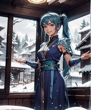 zbzr, hatsune miku, blue twintail hair, blue robes, armor, sash, looking at viewer, smiling, happy, upper body shot, 
standing, inside a cozy living room, playful ambiance, window, snow, winter, extreme detail, masterpiece,  
