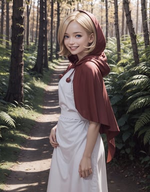 girl, blonde hair, blue eyes, hood, red dress, apron,capelet, looking at viewer, smiling, grin,medium shot, 
standing, outside, forest, autumn, dirt path, natural lighting, extreme detail, masterpiece,  lora:bbh:.8
