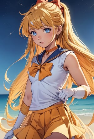 sailorvenus, lora:sailorvenus-lora-nochekaiser:1,sailor venus, blonde hair, blue eyes, bow, hair bow, half updo, long hair, red bow, tiara,BREAK back bow, choker, elbow gloves, gloves, jewelry, magical girl, orange choker, orange sailor collar, orange skirt, sailor collar, sailor senshi uniform, school uniform, serafuku, skirt, white gloves,BREAK outdoors, night, sky, star \(sky\), moon,BREAK looking at viewer, (cowboy shot:1.5),BREAK lyco:GoodHands-beta2:1, (masterpiece:1.2), best quality, high resolution, unity 8k wallpaper, (illustration:0.8), (beautiful detailed eyes:1.6), extremely detailed face, perfect lighting, extremely detailed CG, (perfect hands, perfect anatomy),