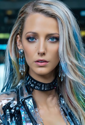 ultra highly intricate detailed 8k, UHD, professional photo,1girl,beautiful cyborg, long hair,Transparent vinyl jacket, earrings, multicolored hair, jewelry, parted lips, blue eyes, looking at viewer,cyberpunk,  open clothes, lips,
,blake lively