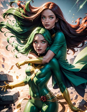 2girls, ((pictures of jean-grey, green bodysuit, gloves, glowing eyes, floating) and (pictures of polaris, helmet, bodysuit, cape, smile, green lipstick, green eyes, lora:polaris-10:0.8)), looking at viewer, smiling, closing hug, cute pose, outside, blue sky, extreme detail, masterpiece, beautiful quality, hug, Polaris,jean-grey,kiss