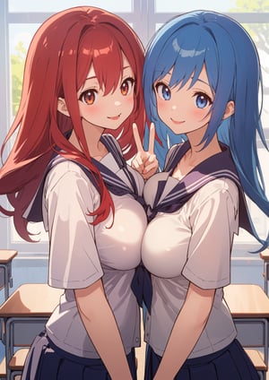 (masterpiece:1.2), 2girls, peace sign, school uniform, large breasts, symmetrical docking, classroom, smile, physical differences, blue hair, red hair,
