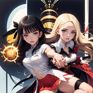 (masterpiece, best quality),  2girl, twin sisters, holding hand, erotic, small breasts, intricate details, blonde hair, sharp focus, both aiming at viewer, both holding pistols, 2girl with  handguns, mini skirts, shirts, seductive, light plump, black legwear, lora:tony_taka_v0.3:1
