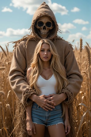 Blake Lively, 16K, UHD, long blonde hair, dark fantasy, horror style, a cute girl with long blonde hair is standing in front of a creepy scarecrow, Burlap sack stained dark from horrors it has witnessed, stillness concealing unspeakable threat, empty black hole with glimpse of maggot-swarmed hollowness within, girl is wearing a short jeans and white shirts, creepy scarecrow is hugging a girl from behind, full body, wheat field, blue sky and white clouds, fantastic, mysterious, most fashionable, most stylish, dark background, detailed background, every detail is rendered in superb detail, perfect composition, masterpiece, best quality, 8k, ultra-detailed, very clear, perfect anatomy, anatomically correct hands, beautiful face, beautiful eyes, detailed eyes, beautiful hair, detailed hair,anime,Hand