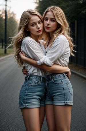 2girl, twin sisters, portrait of sks woman by Flora Borsi, short jeans, bold, bright colours, long blonde hair, hugging, kissing, lora:locon_melissa_v1_from_v1_64_32:1.3
