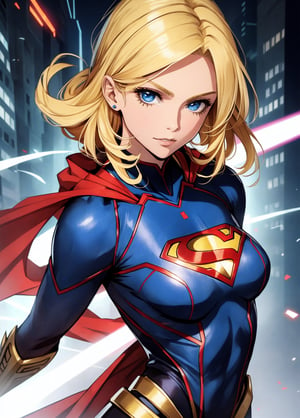 Beautiful supergirl medium blonde hair, roupas curtas estilo cyberpunk, with superman S symbol on the chest, olhos azuis, seios pequenos.