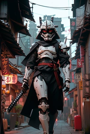 (8k uhd, masterpiece, best quality, high quality, absurdres, ultra-detailed, detailed mountain forest background), (full body:1.4), (a Japanese Darth Vader samurai with great sword, walking across a bunch of Japanese stormtroopers samurai), (beautiful, aesthetic, perfect, delicate, intricate:1.2), (Darth Vader color scheme: black, black print robe), (size and shape of great sword: Daishō, massive and double-edged), (type of armor: samurai style helmet, black eyes, bone and leather), (environment: ancient Japan street, outside, cyberpunk, Cyberpunk), perspective: slightly low angle to emphasize the warrior's power, lighting: dramatic, with a spotlight illuminating the warrior's face and sword, stormtroopers, (depth of field: shallow, with the warrior in sharp focus and the fiery background slightly blurred)