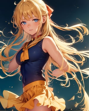 sailorvenus, lora:sailorvenus-lora-nochekaiser:1,sailor venus, blonde hair, blue eyes, bow, hair bow, half updo, long hair, red bow, tiara,BREAK back bow, choker, elbow gloves, gloves, jewelry, magical girl, orange choker, orange sailor collar, orange skirt, sailor collar, sailor senshi uniform, school uniform, serafuku, skirt, white gloves,BREAK outdoors, night, sky, star \(sky\), moon,BREAK looking at viewer, (cowboy shot:1.5),BREAK lyco:GoodHands-beta2:1, (masterpiece:1.2), best quality, high resolution, unity 8k wallpaper, (illustration:0.8), (beautiful detailed eyes:1.6), extremely detailed face, perfect lighting, extremely detailed CG, (perfect hands, perfect anatomy),