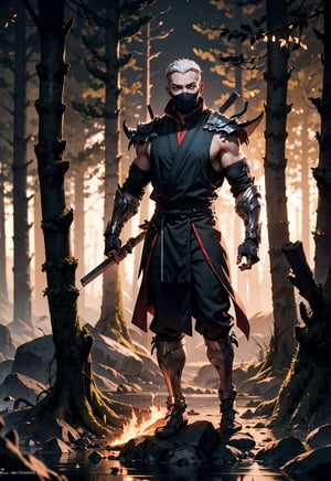 zbzr,man, ninja, black robes, loin cloth, looking at viewer, full body shot, mask, outside, fire, flamming trees, night, extreme detail, masterpiece,  ,mkscorpion