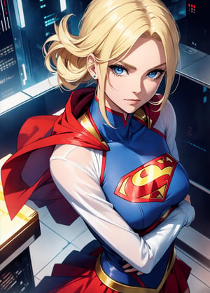 Beautiful supergirl medium blonde hair, roupas curtas estilo cyberpunk, with superman S symbol on the chest, olhos azuis, seios pequenos.