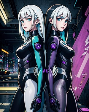 beautiful, linework, thick outlines, strong shadows, 
movie poster of (2girls, twin girls:1.1), long white multicolored hair, back-to-back, posing, confident, closeup shot, looking at viewer, standing, cyberpunk assassin outfit, techwear, advanced technology, dark dystopia, mechanical parts, neon, earrings, amethyst jewels, northern lights in background,
