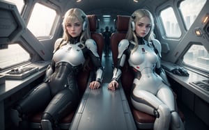 a photo of pair of (slender beautiful european young:1.0) girls sitting in a seat (chair) in the spaceship, wearing (fortified suit:1.2), leaning back, panoramic view on night space city, (symmetry), arms on armrest, scifi, science fiction, shot from above, film grain, (highly detailed:1.1), rfktr_technotrex ,   lyco:Robotaction:0.1, sharp focus, best quality, masterpiece, photorealistic, neotech sleek  
