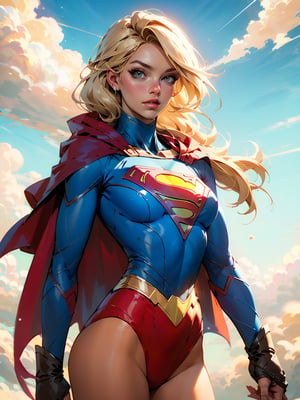 nijistyle, cowboy shot of supergirl, blonde hair, cape, particles, clouds, sky, lora:sxz-style-niji:1