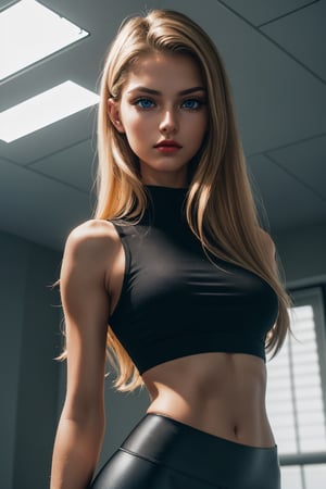 (Close-up view to face:1.3), tanned caucasian girl named Daria (18 years old:1.2),  with very very  long legs, blonde hair, s, skinny body, very tiny waist, (abs:0.7), small chest, small hips, small boobs, (bright blue eyes:1.2)(smokey eyeshadow, black eyeliner, red lips), standing  and looking at viewer (leggings and shirt), 8K, Ultra, Realistic, realism)(Natural Light)(Photography)(Real Skin)(sharpness)(film grain)(dark light)(dark environment)(gameroomconcept)(cyberpunkinterior)
