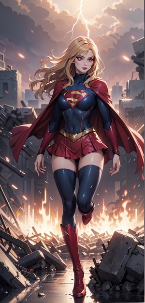 One super female,in superman outfit, mini skirts, red high boots, red_eyes, glowing eyes:1.4, blonde hair:1.3, extreme long hair, straight_hair, run down hair, supergirl suit, serious look, masterpiece, best quality, ultra detailed, (detailed background), perfect shading, high contrast, best illumination, extremely detailed, ray tracing, realistic lighting effects, neon noir illustration, perfect generated hands, ((full-body_portrait)), (black lipstick), black eyeliner, black eye shadow:1.3, pale skin:1.4, black fingernails, black cape, fur cape & long. Background fire-around, rocks, ruins, rain-fire, lightning in the distance.,wearing supergirl_cosplay_outfit