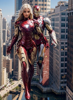 1 girl, long blonde and white hair, side,  full body, iron man suit,  pauldrons, ,iron man, open clothes, , abs, ,Eva Savagiou, ,evangelion, eva suit, floating in the sky, cityscape, day light, details, reflective, fighting , ,mecha, ,3va, , photo-realistic, solid smile, 