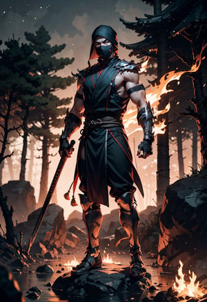 zbzr,man, ninja, black robes, loin cloth, looking at viewer, full body shot, mask, outside, fire, flamming trees, night, extreme detail, masterpiece,  ,mkscorpion