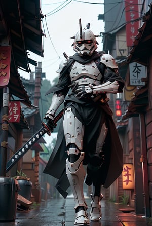 (8k uhd, masterpiece, best quality, high quality, absurdres, ultra-detailed, detailed mountain forest background), (full body:1.4), (a Japanese Darth Vader samurai with great sword, walking across a bunch of Japanese stormtroopers samurai), (beautiful, aesthetic, perfect, delicate, intricate:1.2), (Darth Vader color scheme: black, black print robe), (size and shape of great sword: Daishō, massive and double-edged), (type of armor: samurai style helmet, black eyes, bone and leather), (environment: ancient Japan street, outside, cyberpunk, Cyberpunk), perspective: slightly low angle to emphasize the warrior's power, lighting: dramatic, with a spotlight illuminating the warrior's face and sword, stormtroopers, (depth of field: shallow, with the warrior in sharp focus and the fiery background slightly blurred)