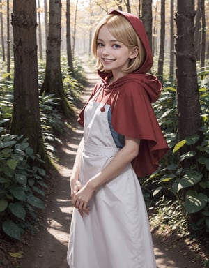 girl, blonde hair, blue eyes, hood, red dress, apron,capelet, looking at viewer, smiling, grin,medium shot, 
standing, outside, forest, autumn, dirt path, natural lighting, extreme detail, masterpiece,  lora:bbh:.8

