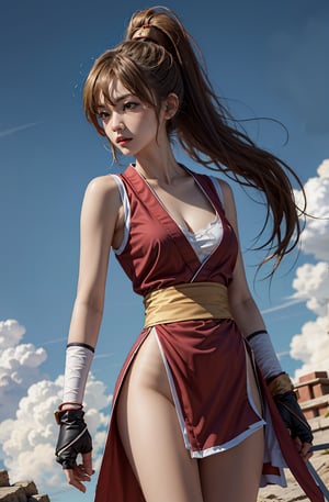 (masterpiece, best quality, high resolution),cowboy shot, 1girl, solo, makims, ninja, pelvic curtain, japanese clothes, sash, gloves, cleavage,  bandages,   lora:MakiMS:1