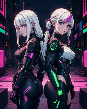 beautiful, linework, thick outlines, strong shadows, 
movie poster of (2girls, twin girls:1.1), long white multicolored hair, back-to-back, posing, confident, closeup shot, looking at viewer, standing, cyberpunk assassin outfit, techwear, advanced technology, dark dystopia, mechanical parts, neon, earrings, amethyst jewels, northern lights in background,