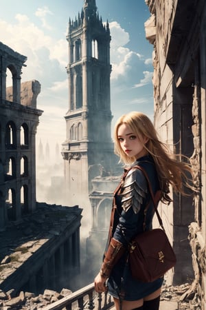 (masterpiece, best quality), 1girl, blonde hair, sidelocks, fantasy, post-apocalypse, ruins, scenery, light particle, messy hair,