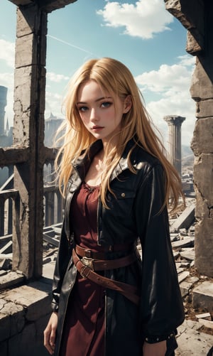 (masterpiece, best quality), 1girl, blonde hair, sidelocks, fantasy, post-apocalypse, ruins, scenery, light particle, messy hair,