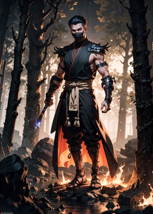 zbzr,man, ninja, black robes, loin cloth, looking at viewer, full body shot, outside, fire, flamming trees, night, extreme detail, masterpiece,  ,mkscorpion