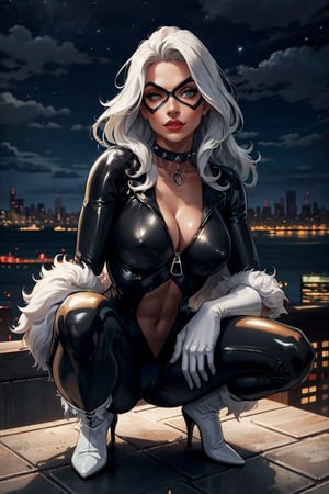(masterpiece, best quality, ultra detailed, absurdres)1.5, 1girl, (sexy, beautiful woman, perfect face, perfect eyes, perfect female body, huge breasts)1.5, (CARTOON_felicia_blackcat_ownwaifu, www.ownwaifu.com, very long hair, white hair, lipstick, makeup, collarbone, red lips, claws, mask, black bodysuit, domino mask, white gloves, black choker, black collar, superhero, white fur trim, cleavage, navel, skin tight, zipper, spiked collar, unzipped, jewelry, latex, shiny, center opening, white boots, high-heel boots, covered nipples, cameltoe, lora:CARTOON_felicia_blackcat_ownwaifu-15:1), (squatting, outdoors, rooftop, New York skyline in background, night sky), perfect lighting, smooth, hdr
,felicia_blackcat_aiwaifu