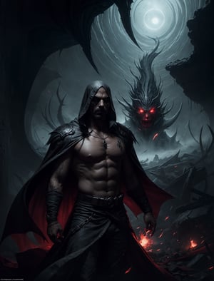 **MR UNLEASH**, a menacing figure emerges from the shadows, his **misty gaze** radiating an aura of dark deception. Framed by a crimson red background, his black attire seems to absorb the light, as if fueled by his malevolent intentions. In the foreground, a scattering of gems and mist swirls around him, like a maelstrom of chaos. The composition is cinematic, with bold lines and deep shading reminiscent of Greg Rutkowski's dark fantasy art. This haunting piece trends on Artstation, captivating viewers with its horrific beauty.