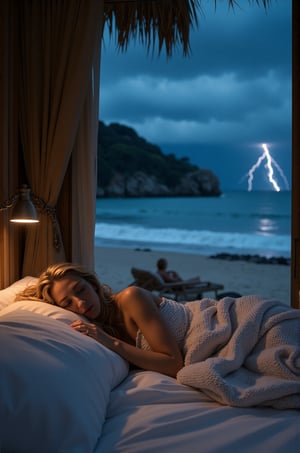 Blake Lively, 16K, UHD, long blonde hair, a woman sleeping in a bed on a beach luxury villa, she is sleeping on her stomach, is partially covered by a white woolen blanket, a big window is near her bed, an detailed beach and mountain can be seen, stormy night, lightning, dark night, minimal light