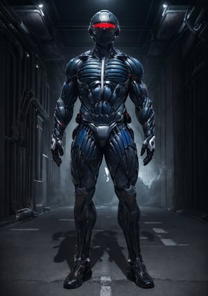 (best quality, ultra-detailed, best illustration, best shadow, masterpiece, high res, professional artwork, famous artwork), man in a (white,blue, bulky colored carbon fiber nanosuit), long floating samurai white ponytail,nanosuit brutul helmet in the shape of skull,futuristic galss visor,red glowing liquid cooling   tubes connected to helmet,black background,angry brows  