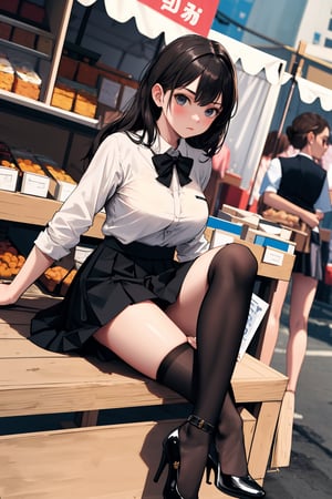 (best quality, masterpiece, highres),1girl,solo,muscle,heels,skirt,black legwear,foot focus,market stall,dynamic_angle,,
