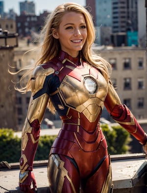 (extremely detailed, realistic, perfect lighting, vibrant colors,intricate details,absurdres),(masterpiece, high detailed skin:1.3),1girl,light blonde hair,layered hair, 2/3 body, 
{ petite, (perfect hands, perfect anatomy)), wearing iron man armor without helmet, }
{ smiling, seducing, new york city rooftops,)},iron man