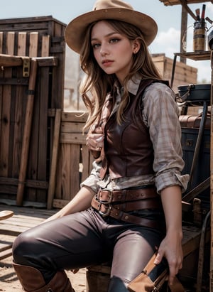 Beauty,blush,perfect eyes,long eyelashes,makeup,hat,vest,tight leather,pants,boots,belt,cowboy boots,bandolier,bohemic,Calamity jane,cool,sexy,confident,feather earrings,she is influenced by both settler and indian culture,ultra realistic,8k, hd, wild west,grit,dirt, 