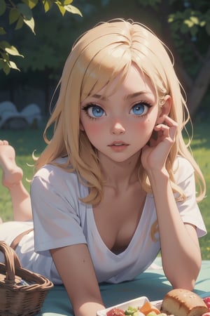 (masterpiece:1.3), (best quality:1.3), (hires, high resolution:1.3), 1girl, blonde, blue eyes, long hair, lying, on stomach, foreshortening, facing viewer, picnic, picnic basket, ass visible, downblouse, (white, loose t-shirt), leaning forward, selfie, hand on own face, 
lora:downblouse-v1:0.8
,downblouse