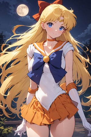 masterpiece, best quality, very aesthetic, absurdres, aavenus, long hair, blonde hair, hair bow, tiara, blue eyes, earrings, orange choker, collarbone, orange sailor collar, blue bowtie, white shirt, white leotard, elbow gloves, white gloves, pleated skirt, orange skirt,  , standing, cowboy shot, outdoors, smile, night, moon
