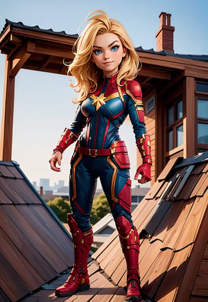 cptmarvel,blonde hair,blue eyes, bodysuit, red gloves, belt, boots, looking at viewer, serious, smiling, full body shot, standing, outside,on house roof, suburbs, blue sky, extreme detail, masterpiece, 
